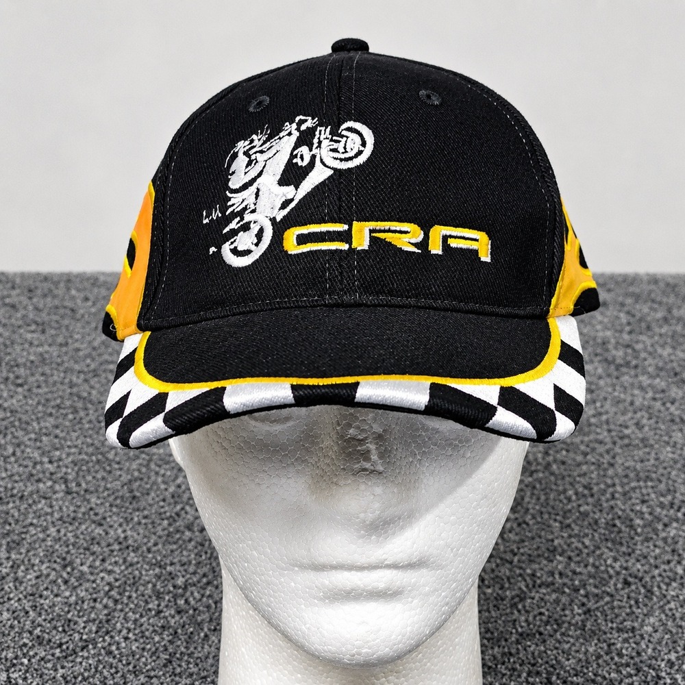 CRA Central Roadside Racing Hat Black Flame Checkered Brim Motocross Cap Y2K